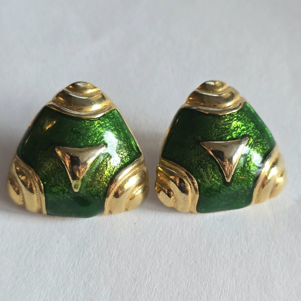 Vintage earrings green enamel triangle gold tone pierced